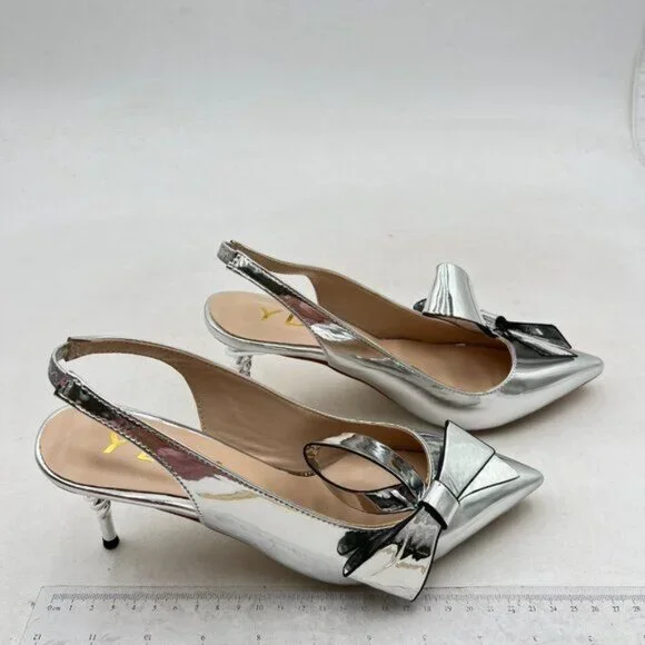 YDN Women Stiletto Heel Pumps Bow Pointed Toe Slingback Slip on Sandals Sliver - Picture 4 of 8